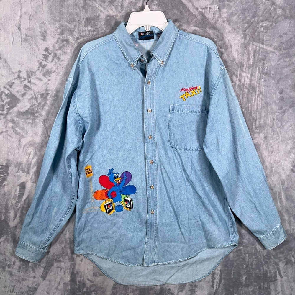 Vintage‎ NBC Experience Denim Shirt Mens Large New York Taxi Stand Peacock Bird
